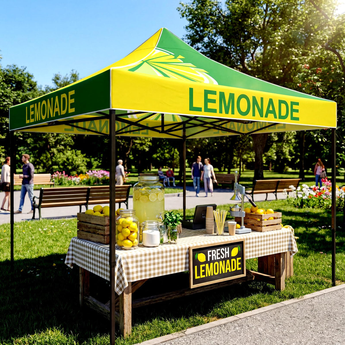Oudain 10x10 Lemonade Themed Pop up Canopy Tent Commercial Canopy for Food Vendors Heavy Duty Pop up Shelter for Outdoor Catering Advertising Stand with Iron Frame and Silver Coated Fabric