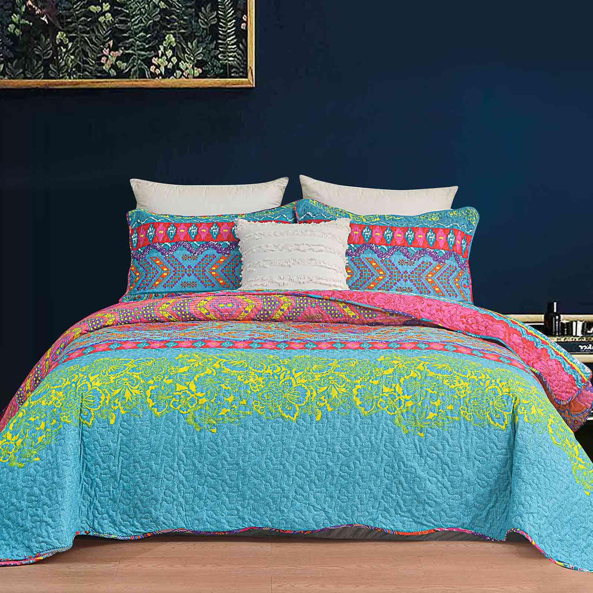 Faincy Bohemian Pink and Green Queen Size Quilt Set 3Pcs, Scalloped Edge Boho Bedspreads, Soft Lightweight Coverlet Bed Spreads, Thin Quilted Comforter Bedding Set for Women, 90x 96 Inch