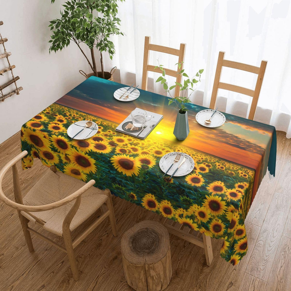 GOUROISE Sunflower Fields Rectangular Tablecloth, Sunset Sunrise 54x72 Inch Wavy Lace Border Polyester Table Cloth for Dining, Kitchen, Parties