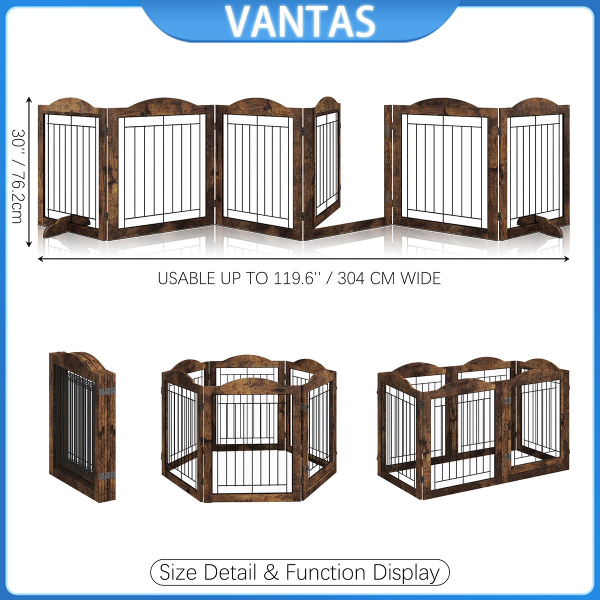 Vantas Folding No-Assembly Dog Door Pet Gate 144" Wide, 30" Tall Wooden Dog Gate with Door Walk Through, Freestanding Wire Pet Gate, Pet Puppy Safety Fence, with 2PCS Support - Rustic Brown
