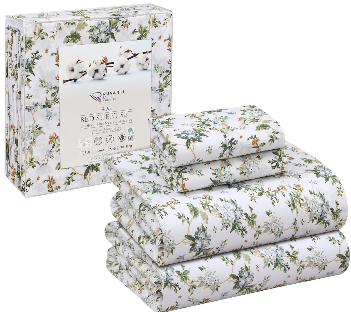 RUVANTI 100% Cotton Percale Sheets Full Size, Heritage
