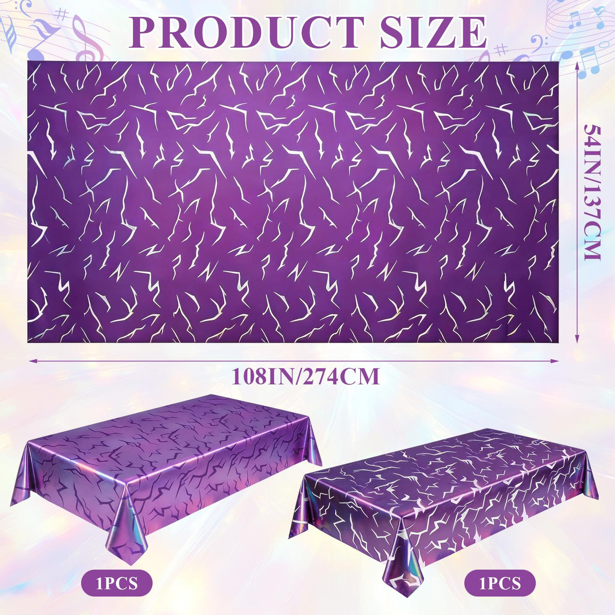 2 Pack Iridescent Holographic Laser Tablecloths, Purple Lightning Demon Energy Table Covers, Disposable Waterproof Birthday Plastic Table Covers for Girls Korean Idol Themed Disco Bachelorette Party