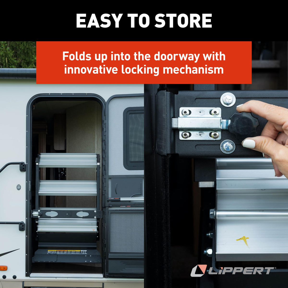 Lippert Solid Step 4.0 Premium Triple RV Camper Entry Steps with Lift Assist Gas Struts, 26" Step Width, XL Top Tread, 8" Rise, 500-lb. Weight Capacity, Adjustable Legs, Recessed Feet - 2024056998
