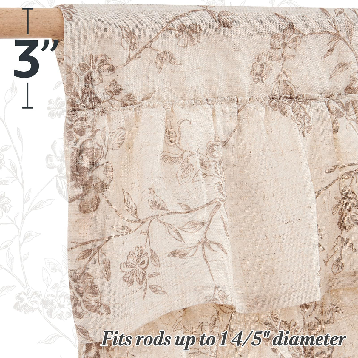 jinchan Ruffled Floral Valance Curtain Shabbychic Linen Window Valance 18 Inch Farmhouse Rustic Window Treatment for Kitchen Bedroom Living Room Rod Pocket 1 Panel Taupe on Linen