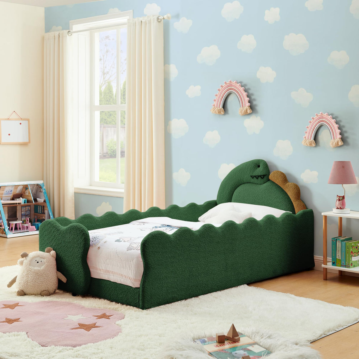KEIKI Twin Size Upholstered Platform Bed Frame with Cute Dinosaur-Shaped Headboard, for Boys and Girls, Boucle Bed with Thickened Guardrail and Slats, No Box Spring Required, Easy Assembly, Green