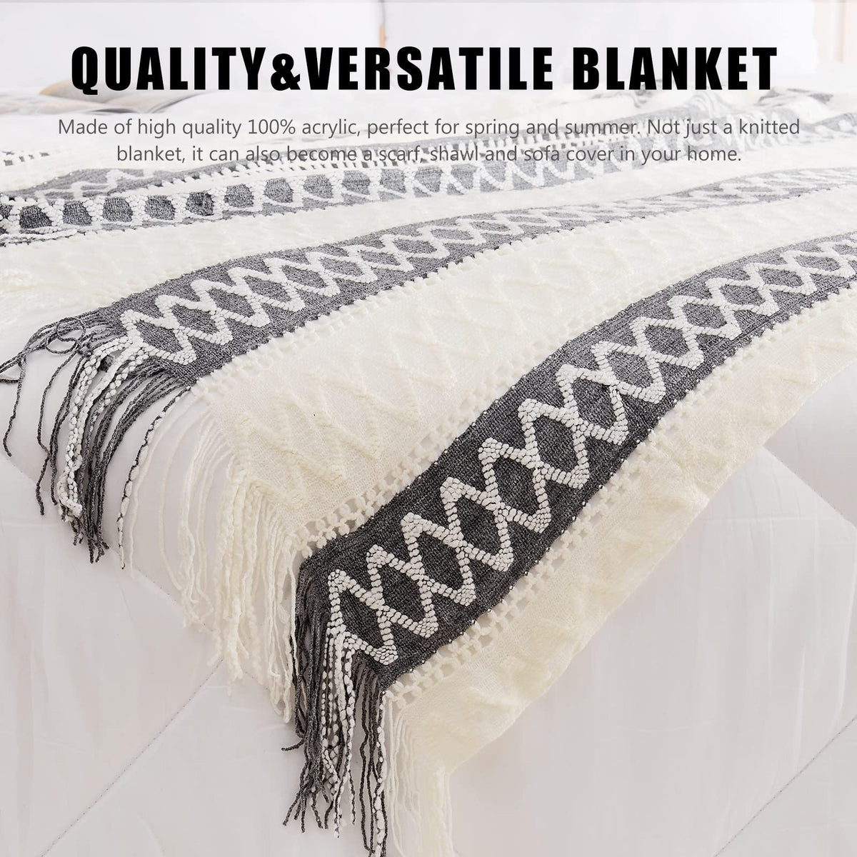 Quinnsus Knit Soft Lightweight Decorative Bed Throw Blankets, Jacquard Textured Boho Summer Throw Blanket with Tassels for Bed, Sofa and Living Room (Grey, 50 x 60 inches)