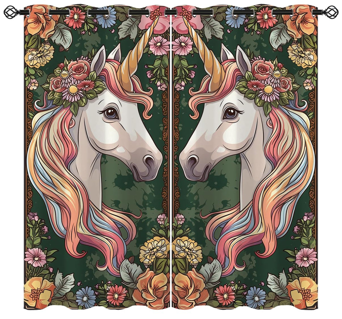 Unicorn Princess Blackout Curtains for Girls Boys Kids Teens Home Decor, Flowers Fantasy Art Unicorn Grommet Thermal Insulated Drapes Darkening Window Curtain for Bedroom Living Room, 42 x 45 Inch