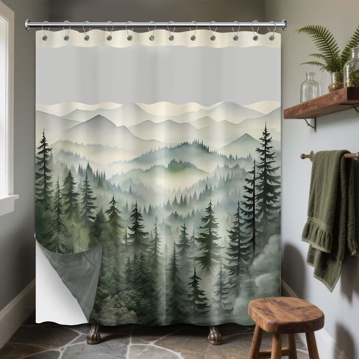 soeeao Forest See Through Mesh Top Shower Curtain with Window, Nature Mountain Double Layer Shower Curtains with Snap in Liner with Magnets, Waterproof Cloth Fabric with Hooks, 71" W x 72" L
