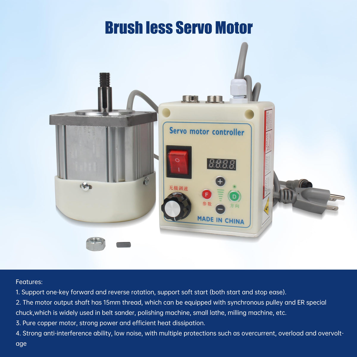 RATTMMOTOR 750W Permanent Magnet Brushless Servo Motor Max Speed 6500rpm/min with Servo Motor Controller for Woodworking Machine/Lathe/Drilling and Tapping Machine/Reducer/Belt Sander (220V)