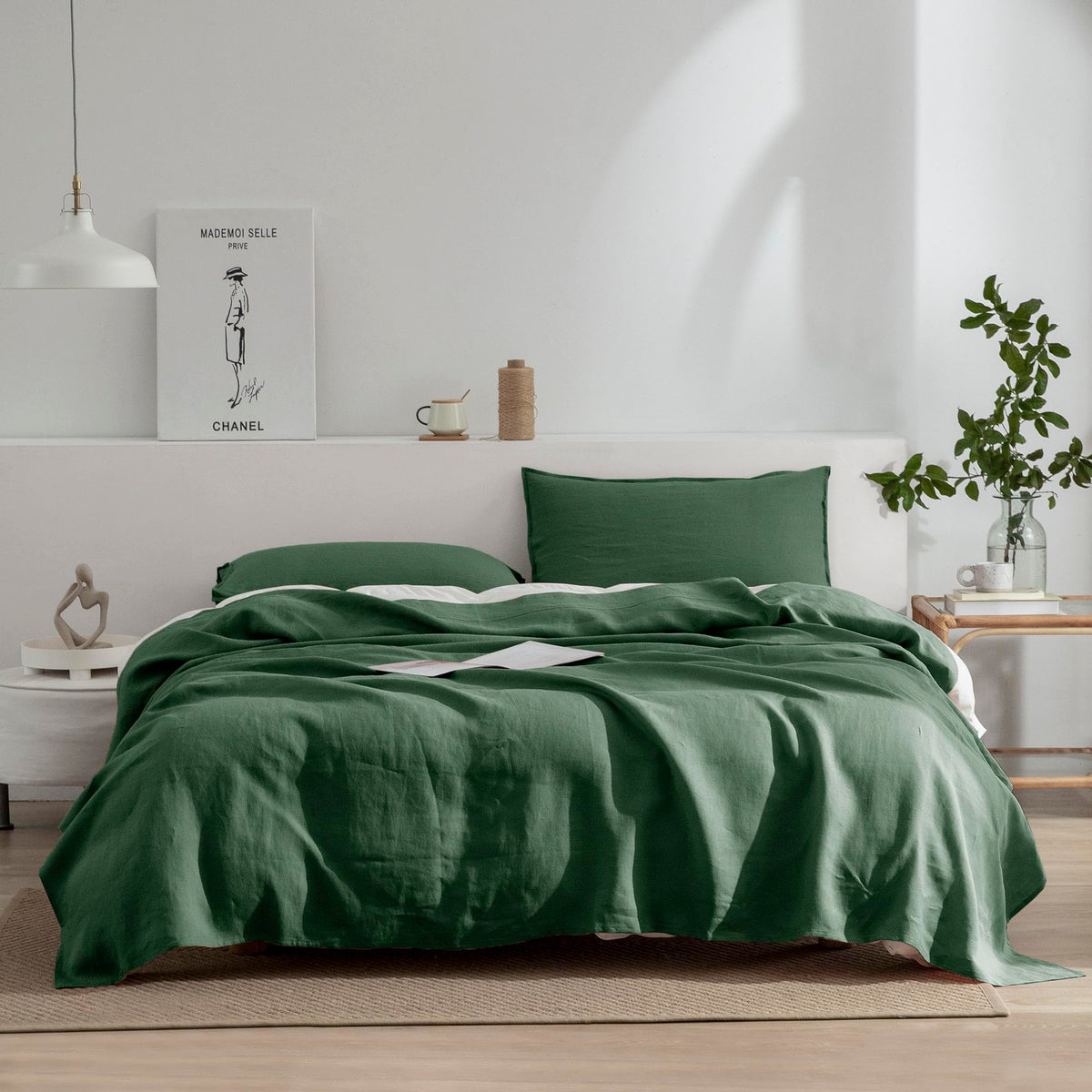 EVERLY Linen Twin Size Sheets Set,100% French Washed Pure Linen Bed Sheets Deep Pocket Sheets,3Pieces(1Flat Sheet,1Fitted Sheet,1Pillowcase) Suitable for Hot Sleepers,180GSM Dark Green Bedding Set