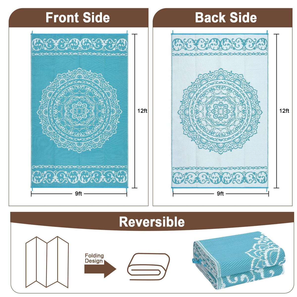 IDEALHOUSE Outdoor Rug 9x12 Ft, Waterproof Plastic Reversible Rug, Persian Style Camping Mat for Outdoors, RV, Patio, Backyard, Deck, Picnic, Beach, Trailer, Camping(Light Blue & White)