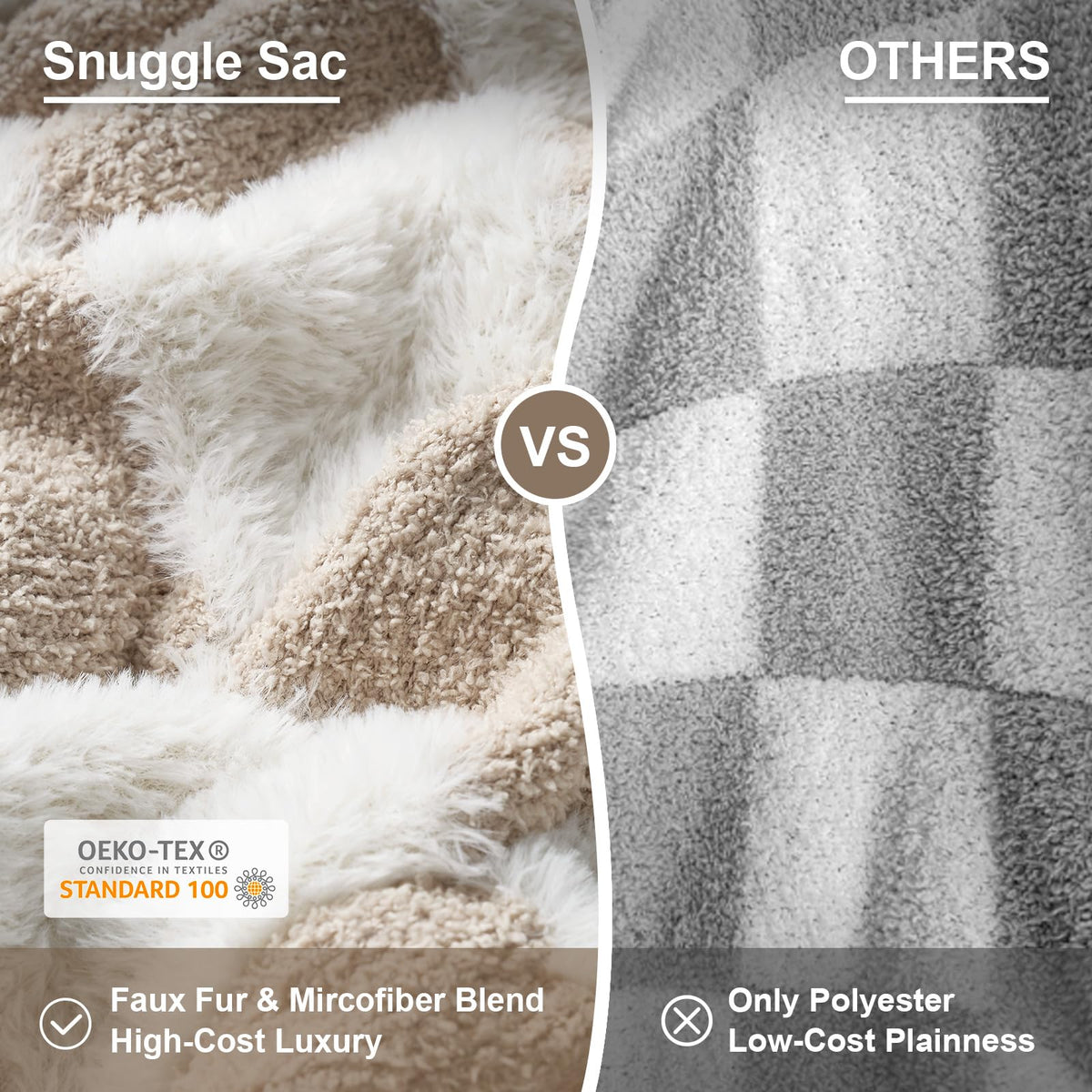 Snuggle Sac Checkered Throw Blanket Faux Fur Microfiber Blankets for Couch,Cozy Soft Warm Blanket for Sofa Bedroom Living Room,Beige Checker,50x60 inches