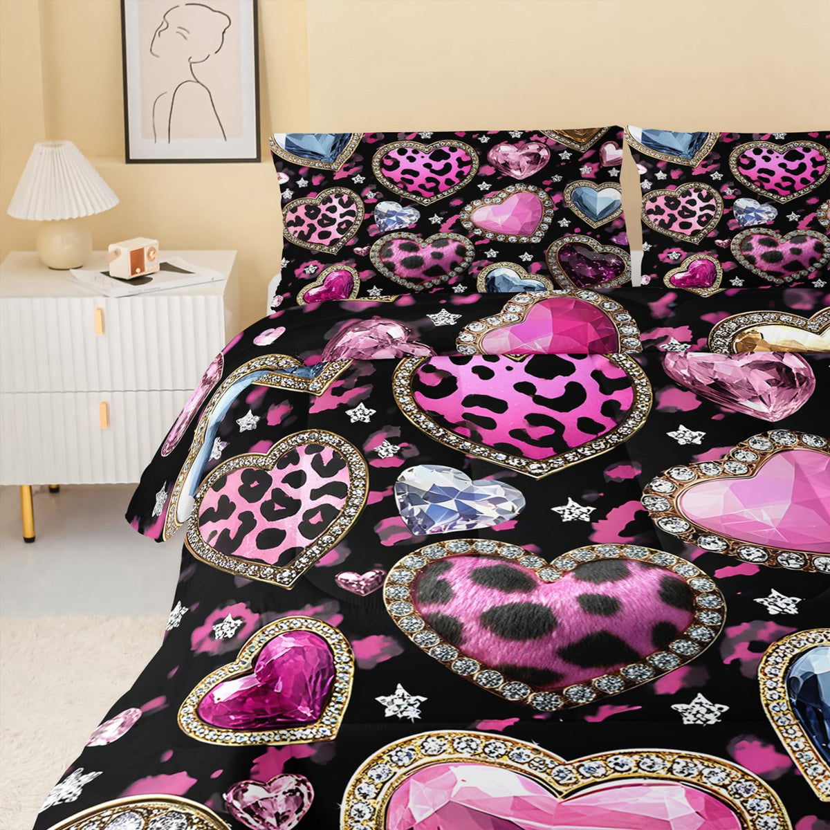 QOOMO Pink Heart Kids Full Comforter Set 3Pcs Leopard Love Heart Bedding Set for Girls Boys Crystal Diamond Printed Comforter with 2 Pillowcases Lightweight Microfiber for All Seasons