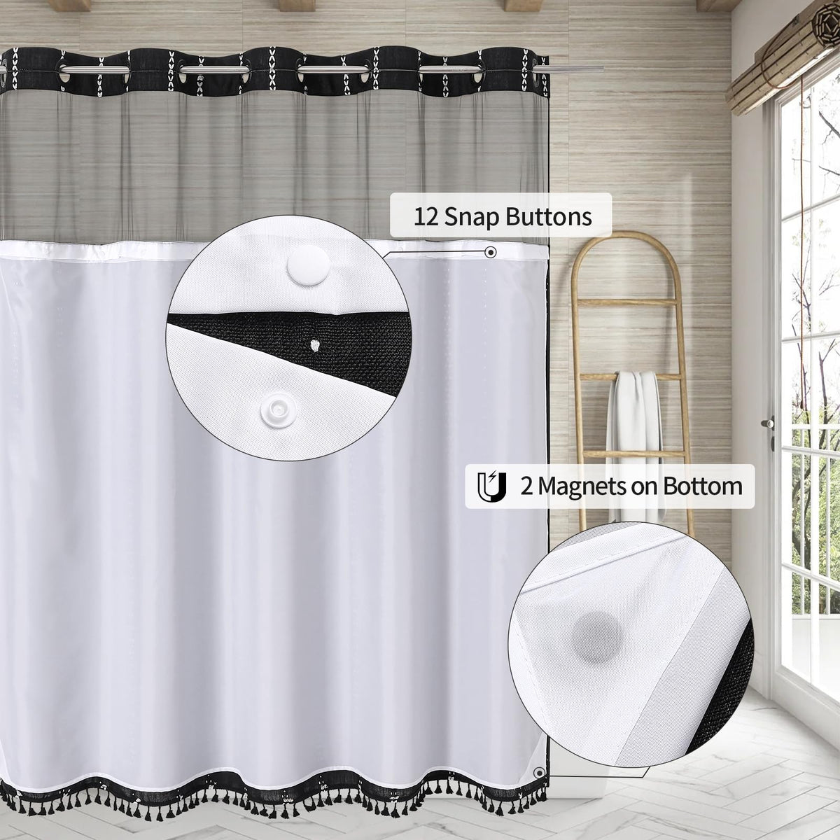 No Hooks Needed Farmhouse Shower Curtain with Snap-in Liner - with Window & Magnets, Boho Cotton Linen Fabric Shower Curtains with Tassels for Rustic Bathroom Decor, Black and White, 72 x 74