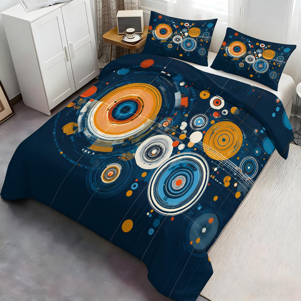 ZAOMIR Modern Abstract Circle Duvet Cover Queen Size, Colourful Disc Bedding Set 3 Piece, Hippie Hip Hop Patterned Comforter Cover with Zipper Soft Microfiber, 2 Pillowcases