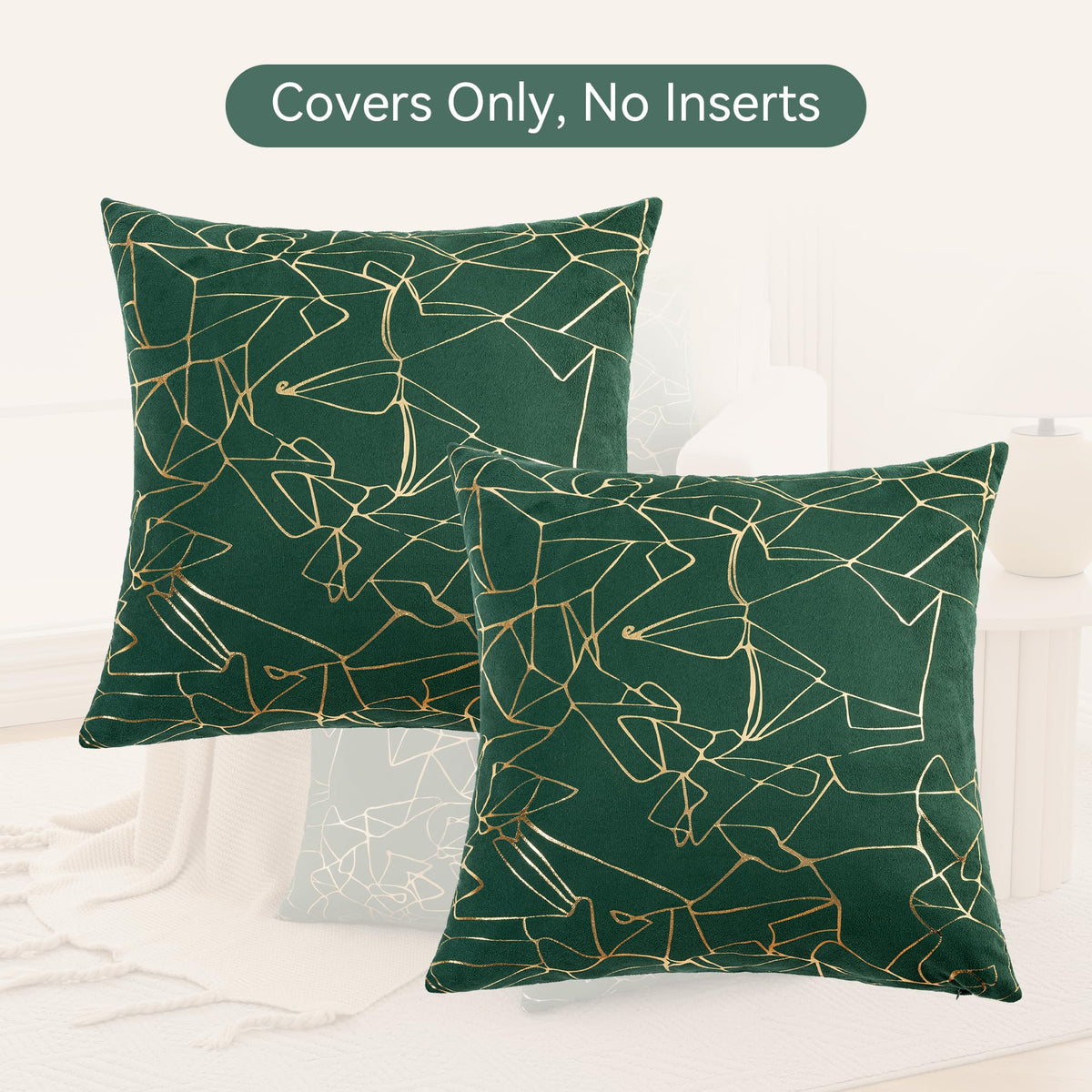 JELLYMONI Pillow Covers Set of 2, 18 x 18 inch Glitter Decorative Pillow Shams Green with Gold Streaks, Soft Pillowcases Home Decor for Sofa Couch Bed (Gold Dark Green)