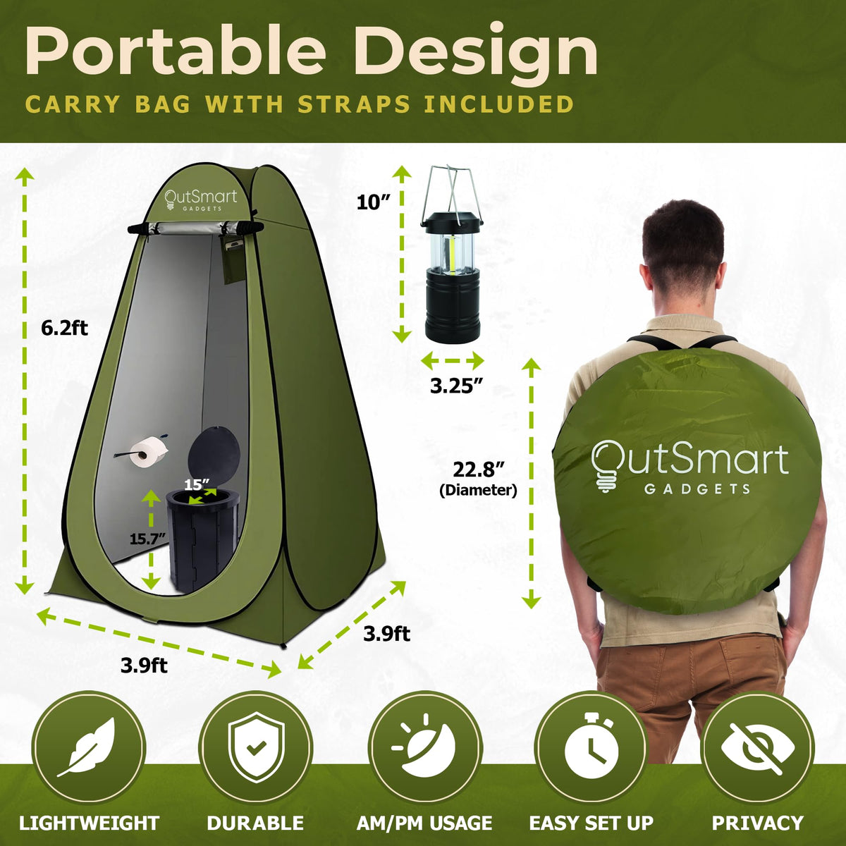 Outsmart Gadgets Portable Toilet Kit for Adults with Camping Night Lantern, Folding XL Toilet Seat, Pop Up Privacy Tent and Carry Bags, Multipurpose Potty, Washable Foldable for RV and Travel