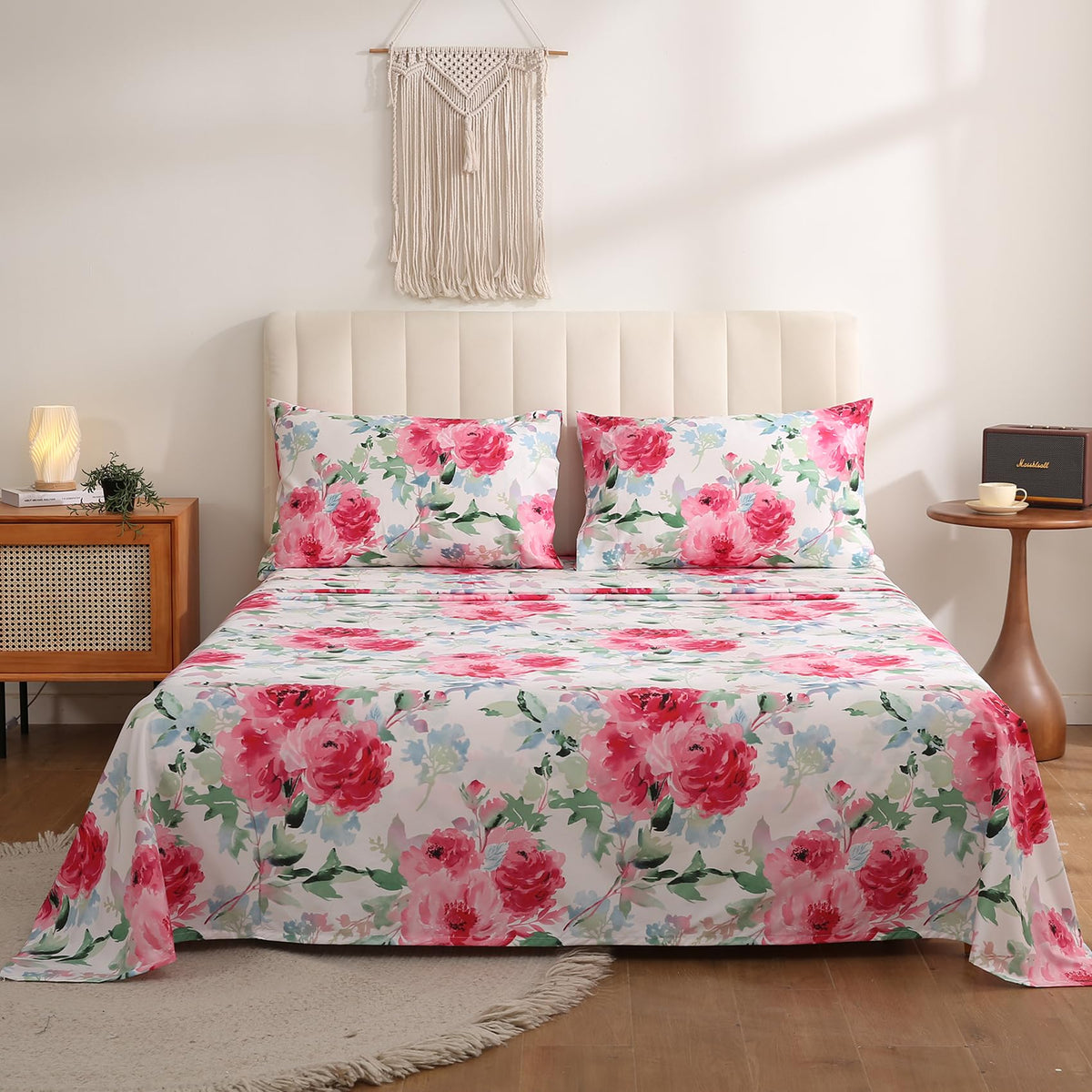 JSD Watercolor Rose Floral Sheet Set King Size, 4 Piece Soft Printed Microfiber Sheets Extra Deep Pocket