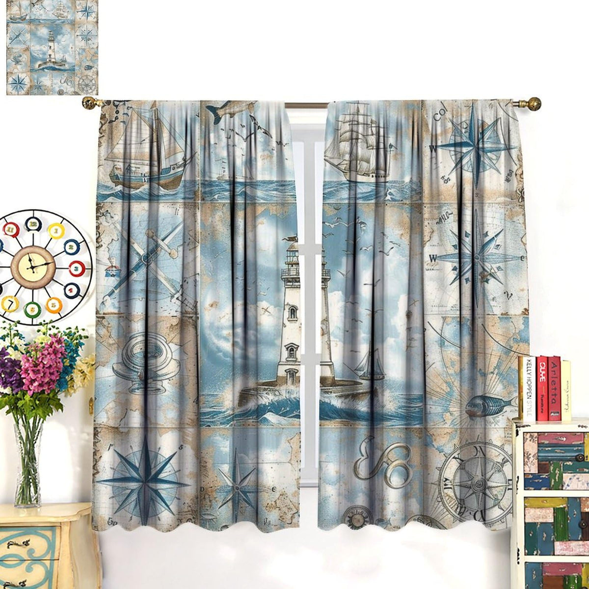 TOWINSFB Nautical Journey Blackout Curtains for Living Room Bedroom, Retro Sailboat Compass Lighthouse Window Curtains Rod Pocket Thermal Insulated Window Drapes, 2 Panels, Each 21W x 63L
