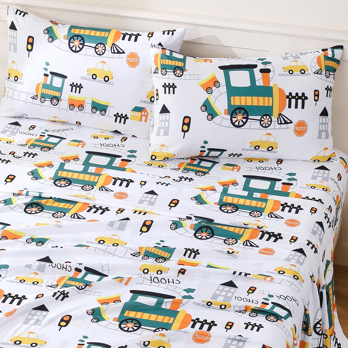 ChicView Twin Sheet Set Kids,3 Pieces Breathable Soft Microfiber Bedsheets for Child Boys Girls, Anti Pilling Deep Pockets Easy Care Bed Sheets, Train