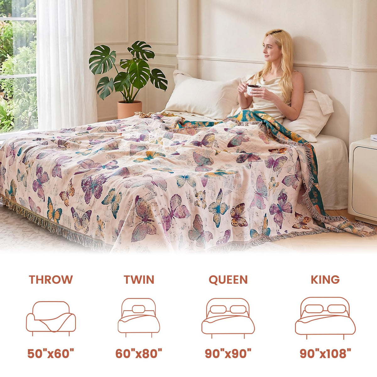 MSGKV Boho Throw Blanket for Bed Cotton Butterfly Twin Size Couch Blanket 60"x80" Muslin Summer Breathable All Seasons Lightweight Farmhouse Blankets
