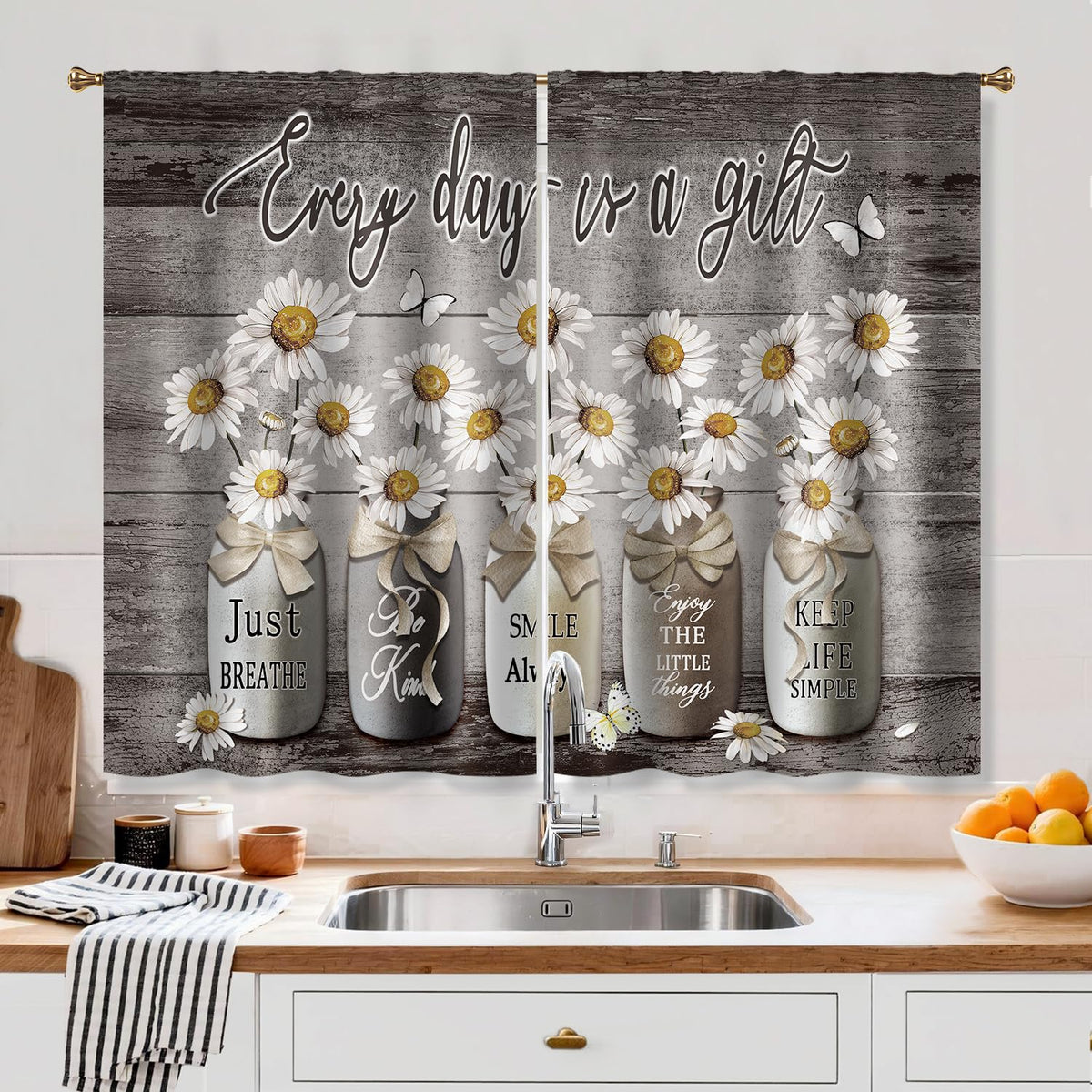 Cizuug Farmhouse Daisy Kitchen CurtainsRustic Vintage Flower Inspirational Small Short Cafe Window Curtains Wooden Country Quotes Bathroom Tier Window Treatment Drapes 2 Panels