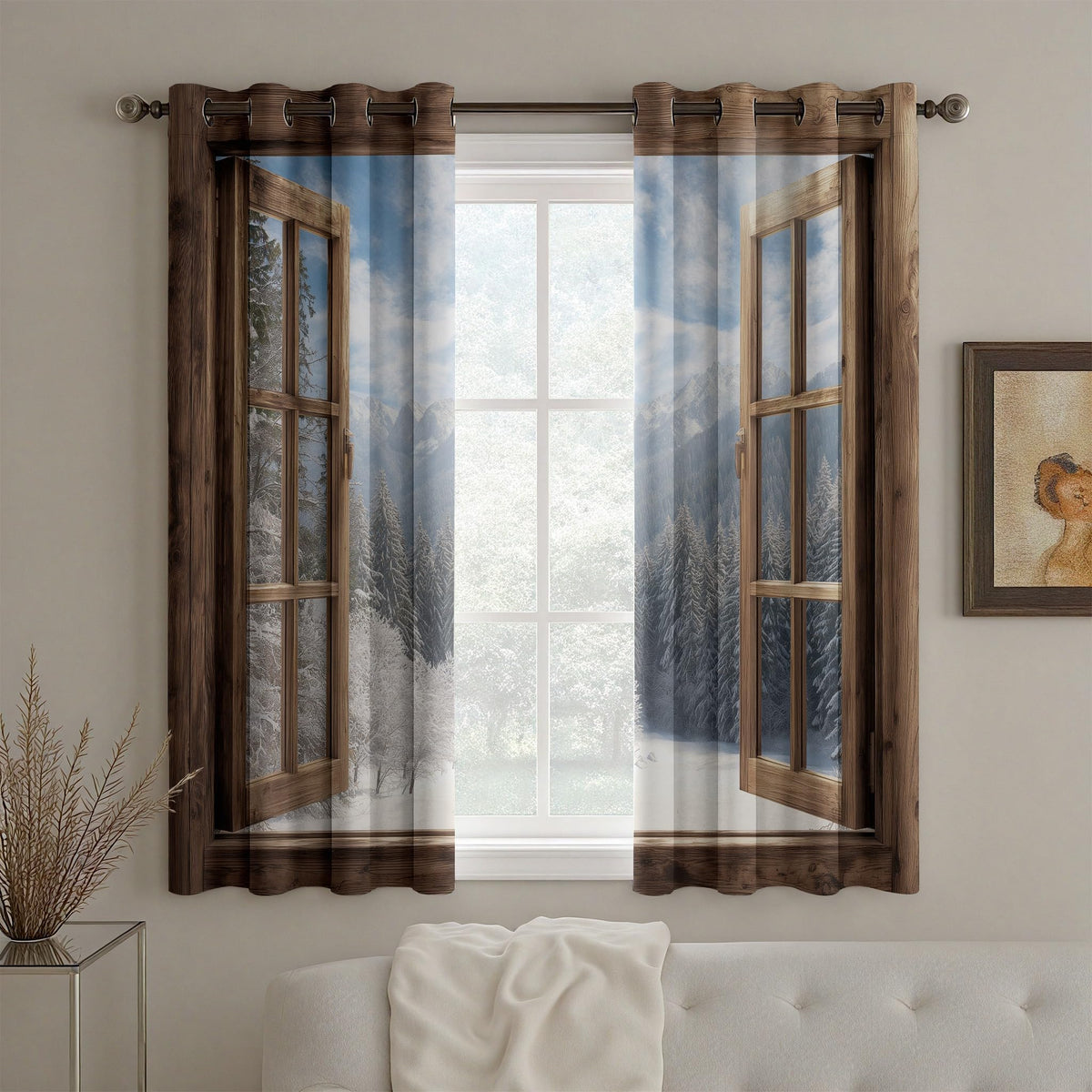 Rufxnn Faux Wooden Window Curtains For Living Room, Forest Snow Scene Drapes 84 Inch Length 2 Panels Set, 3d Nature Landscape Curtains Blackout Grommet Thermal Insulated Drapes For Bedroom Office Dorm