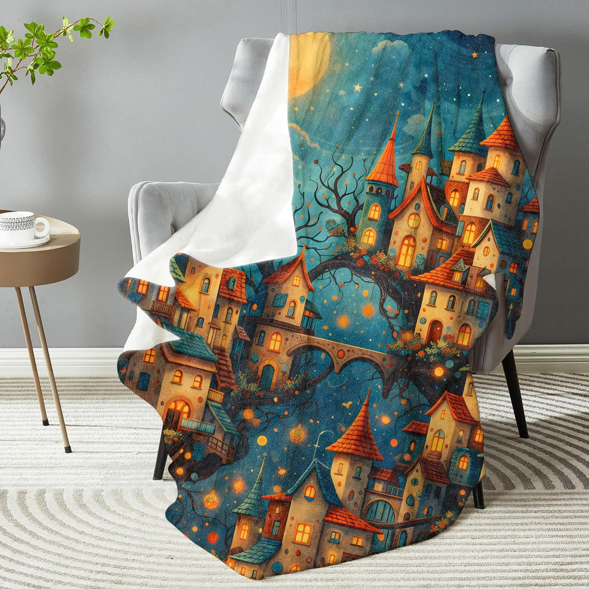 dhakalrlde Fantasy Moonlight Castle Blanket, Soft Magical Tree Village Night Sky Throw Fairy Tale Blanket Gifts for Women Girls, Lightweight Warm Cozy 60×50 inch Flannel for Couch, Travel, Bed, Decor