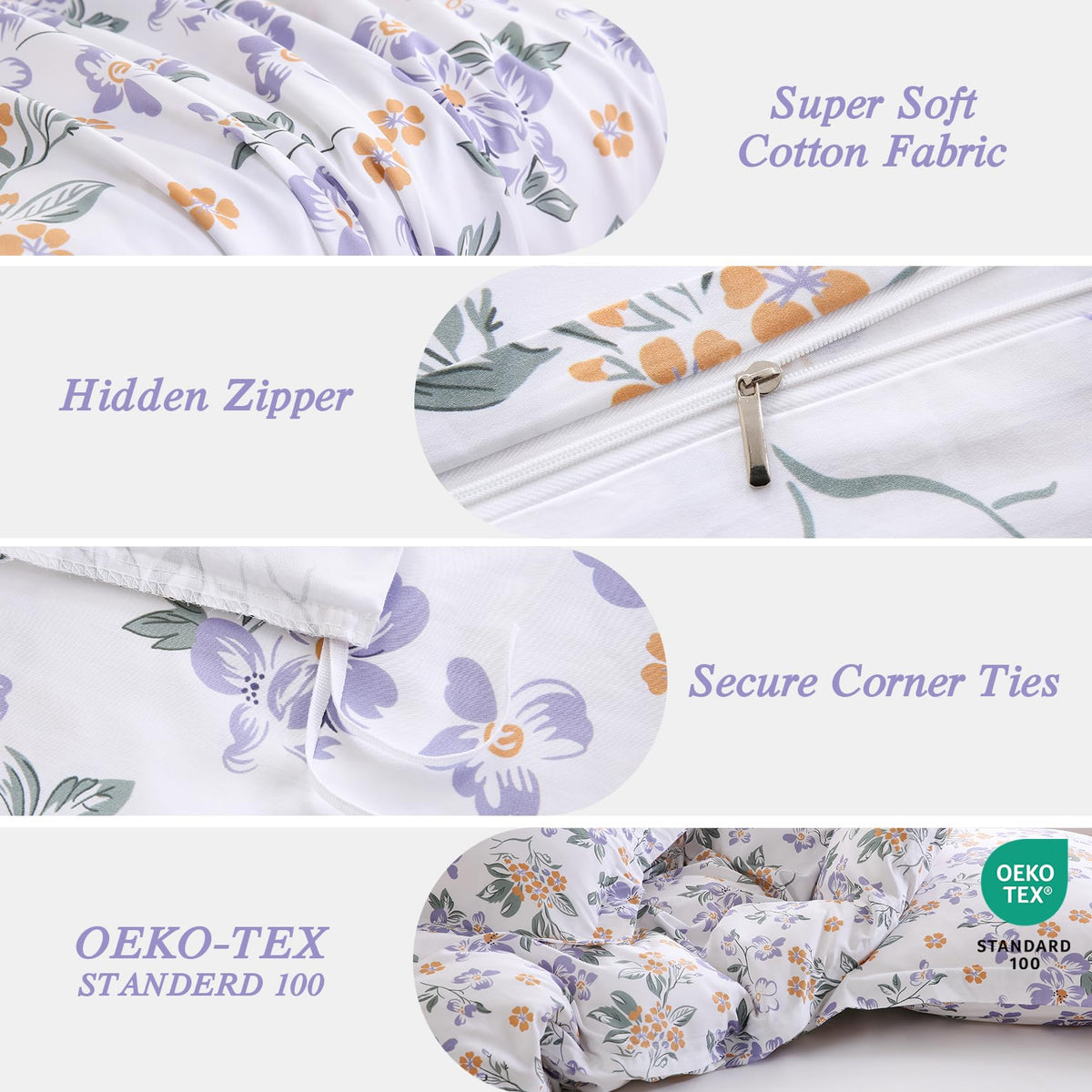 Ocharo Purple Floral 100% Cotton Duvet Cover King Size,Reversible Modern Orange Floral Bedding Set Cotton with Zipper Closure,Soft 3 Pieces Chic Abstract Flowers Comforter Cover with 2 Pillow Shams