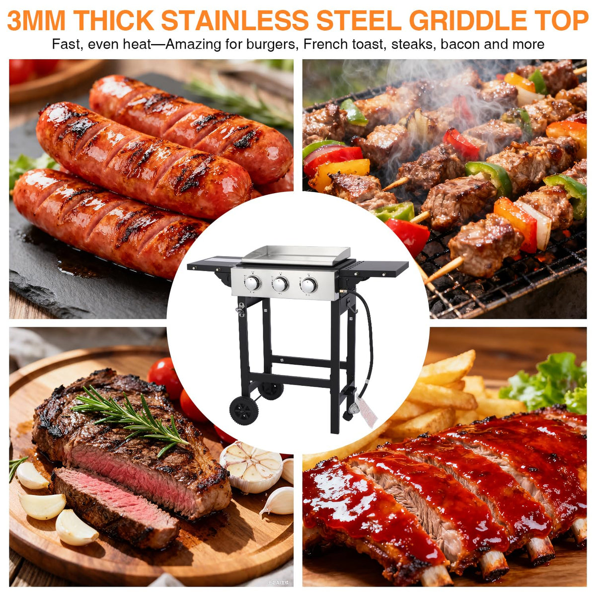 GRILL DEPOTS Gas Grill Griddle Combo with 3 Burners - Propane Grill on Cart - Stainless Steel 30,000 BTU -Camping Grill with 2 Foldable Tables, Cover - Outdoor Cooking Station for BBQ Backyard