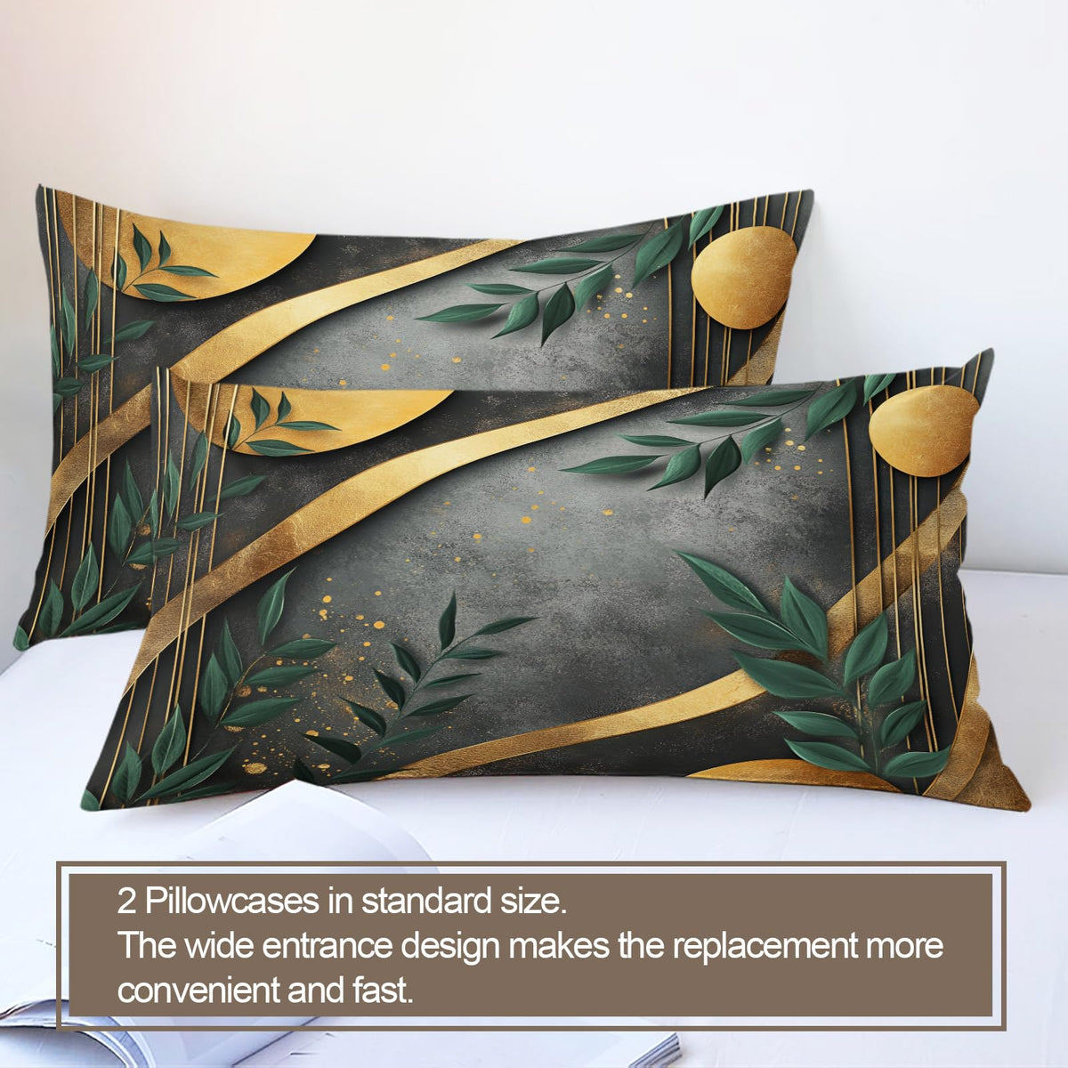 GKPLY Geometric Bedding Green Leaves Duvet Cover Full Modern Abstract Comforter Cover with Zipper & Ties - 3 Pieces with 2 Pillowcases - Home Decor & Gifts Black and Grey Design