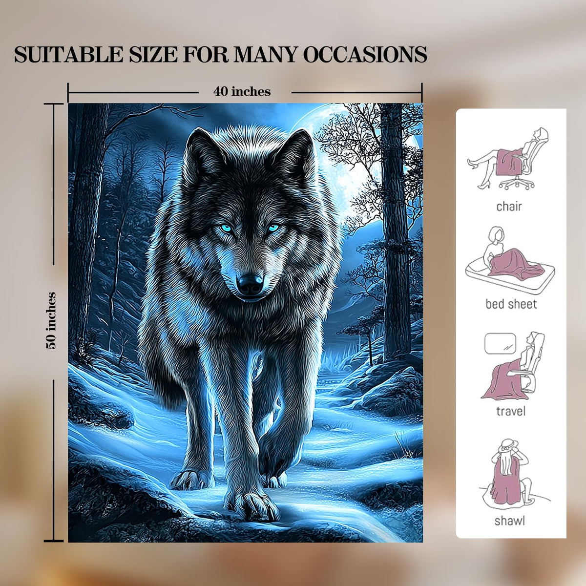 Wolf Blanket Wolf Decor Cozy Animal Throw Super Soft Plush Flannel Fleece Blanket Gift for Kids Adults Men Women Ultra Warm & Lightweight Flannel, 50"X40"