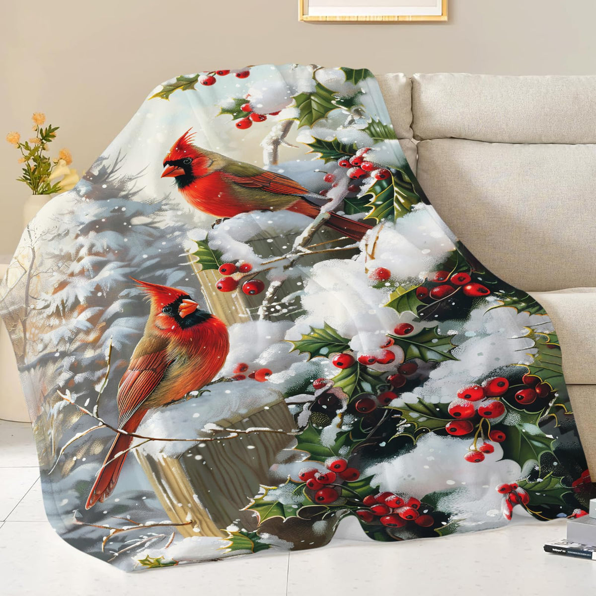 Dynova Christmas Bird Blanket Cozy Plush Red Birds Lovers Throw Blankets Fuzzy Flannel Fleece Winter Gifts for Girls Boys Women Men 50"X40"