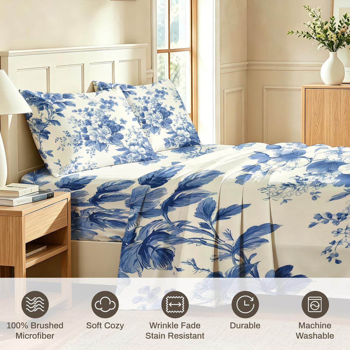 Blue White Floral California King Sheet Set 4 Pcs Chinoiserie Bed Sheets