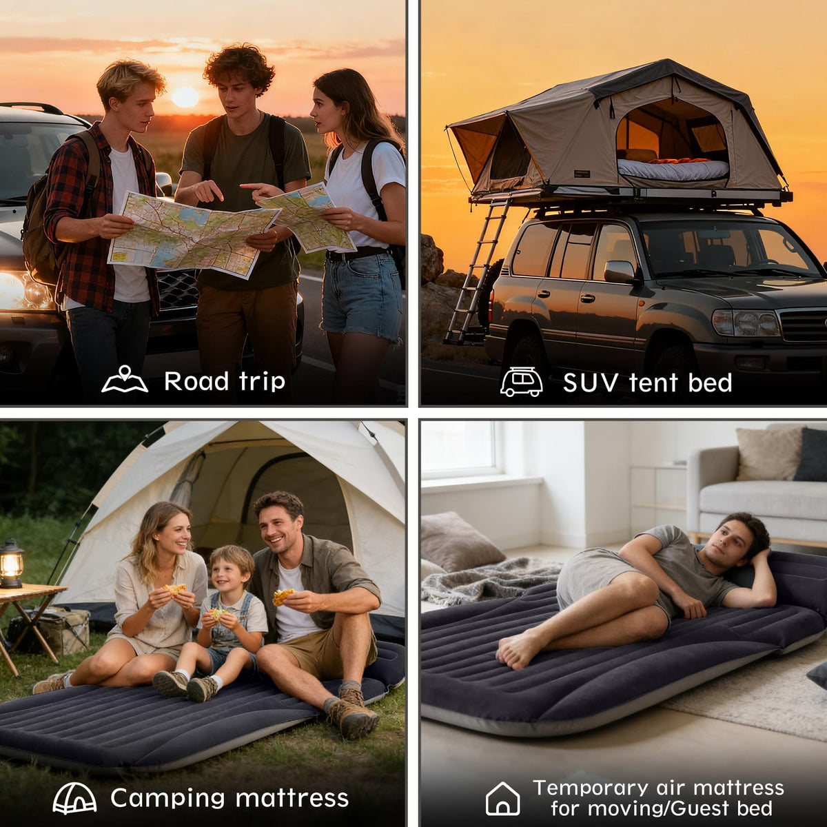 Ciremiv SUV Air Mattress, Double-Sided Thick Flocked Car Air Mattress with Built-in Pump & Pillow, Complete Sleeping Accessories for Auto Camping & Road Trips（Blue Black）