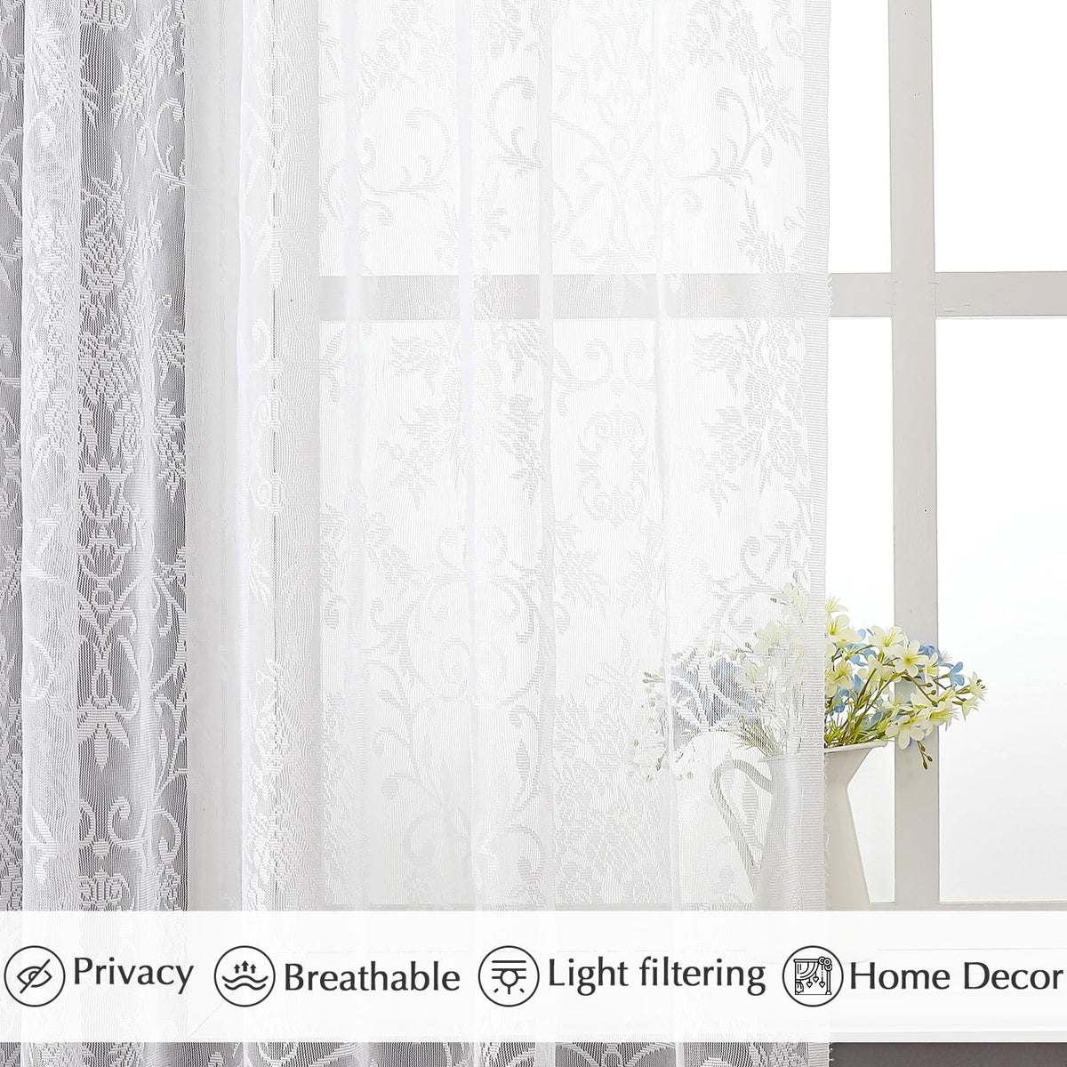 WUBODTI 84 Inch White Lace Curtains with Valances Attached 2 Panels, Floral Embroidered Semi Sheer Window Curtain Lace Tulle Rod Pocket Window Drapes with Valance for Living Room Bedroom Balcony