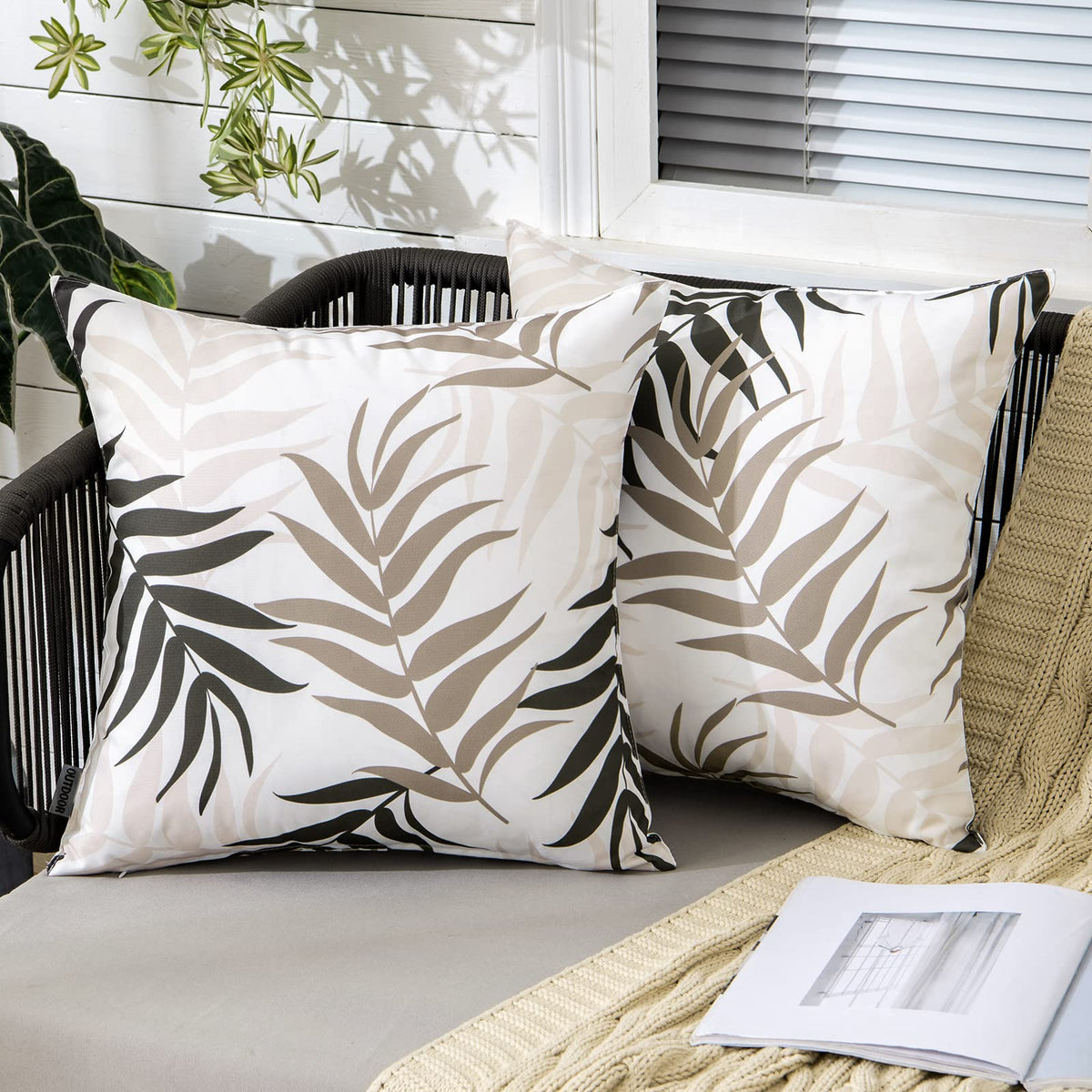 MIULEE Pack of 2 Decorative Outdoor Waterproof Throw Pillow Covers Patio Pillow Cases Natural Leaves Pattern Spring Square Cushion Shams Shell for Garden Balcony Couch 18x18 Inch, Coffee Brown