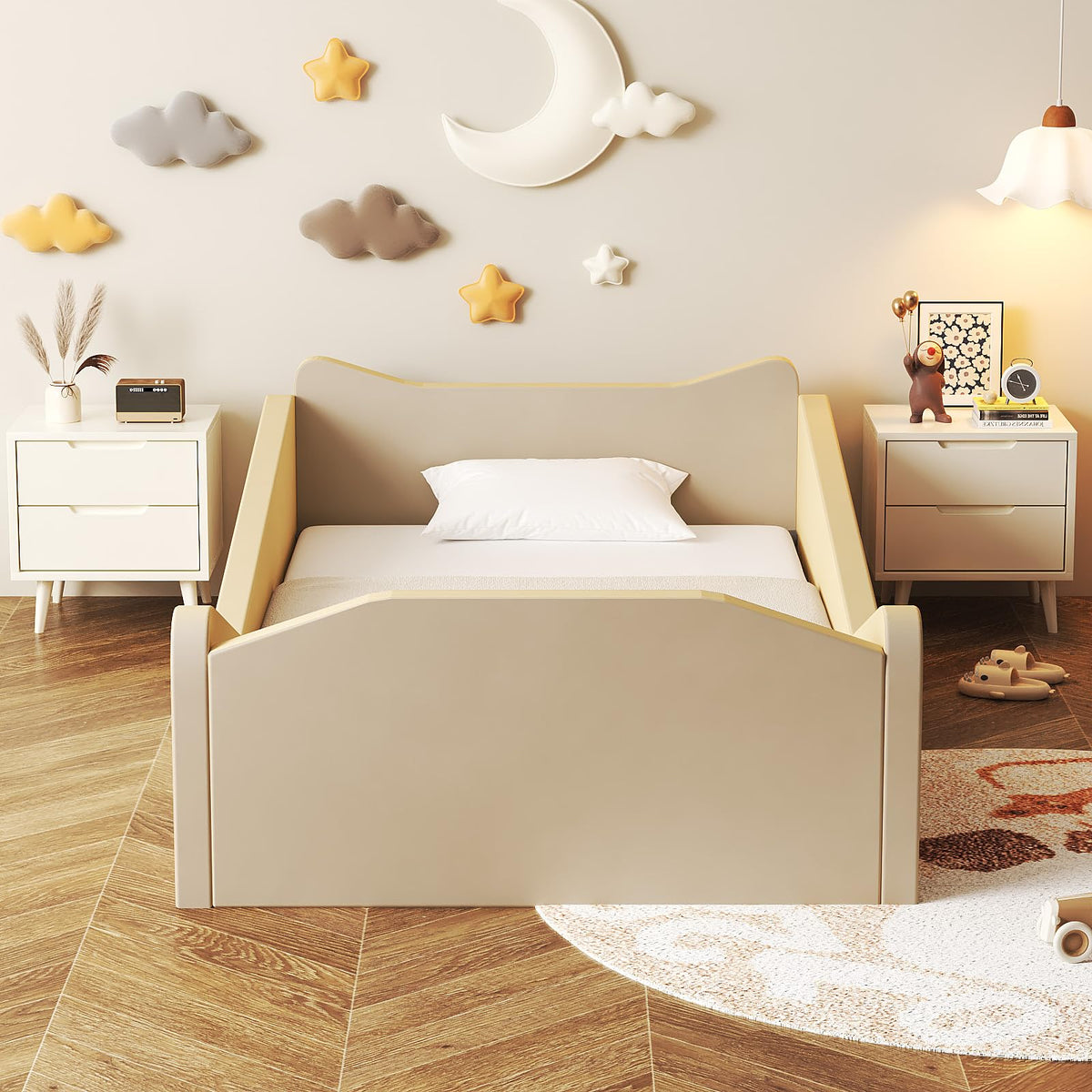 JOYMOR Toddler Bed, Floor Bed with Safety Guadrail, Montessori Toddler Bed with Animal Ear Shapes, Soft Velvet Wood Bed for Infant, Kids, Mattress not Included (Beige)
