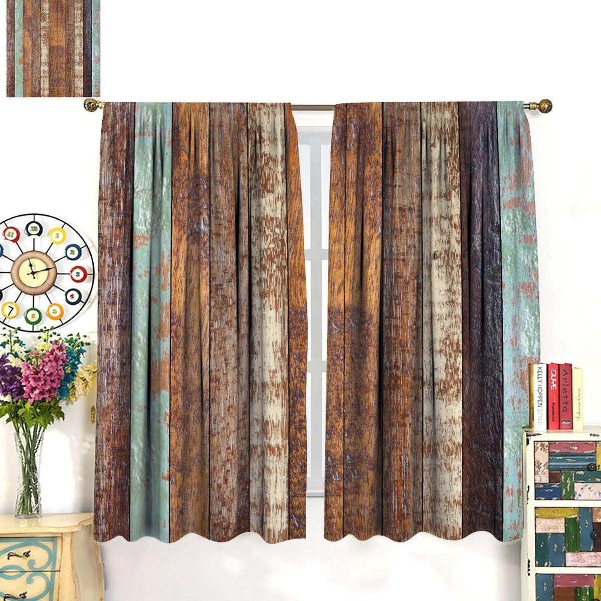 DKMQQUL Rustic Wooden Board Curtains, Color Weathered Wood Plank Farmhouse Barn Door Rod Pocket Thermal Drapes for Kitchen Living Room Bedroom Window Treatment, 42x45 Inch