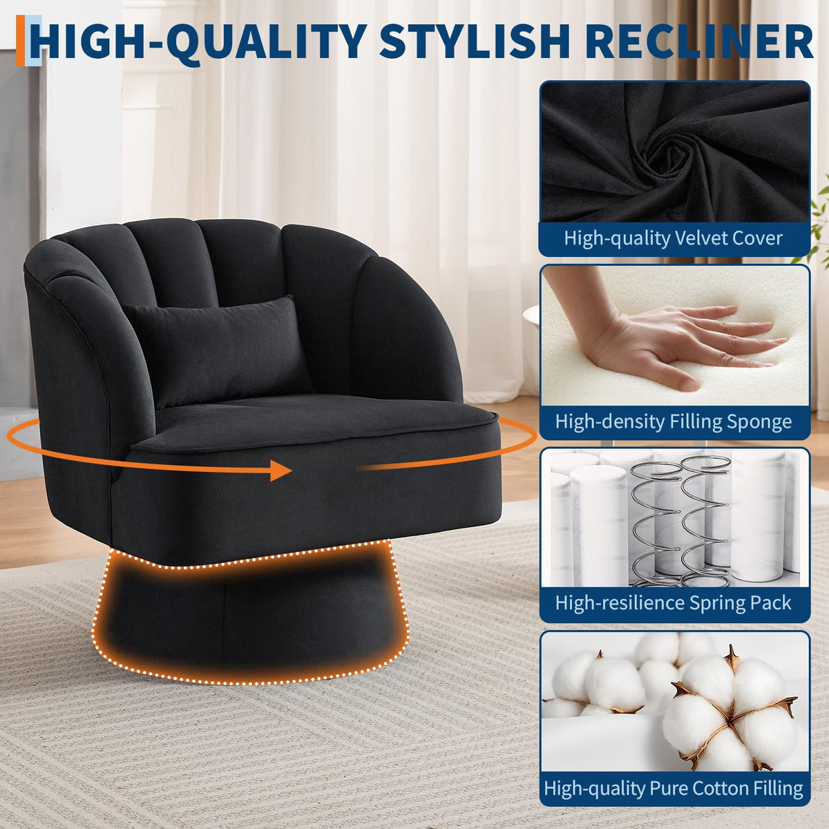 Garvee Ultra-Plush Swivel Accent Chair, 360° Barrel Lounge Chair with Cloud-Like Padding & Modern Striped Backrest, Velvet Upholstered Round Armchair for Living, Bedroom Reading Nook - Black