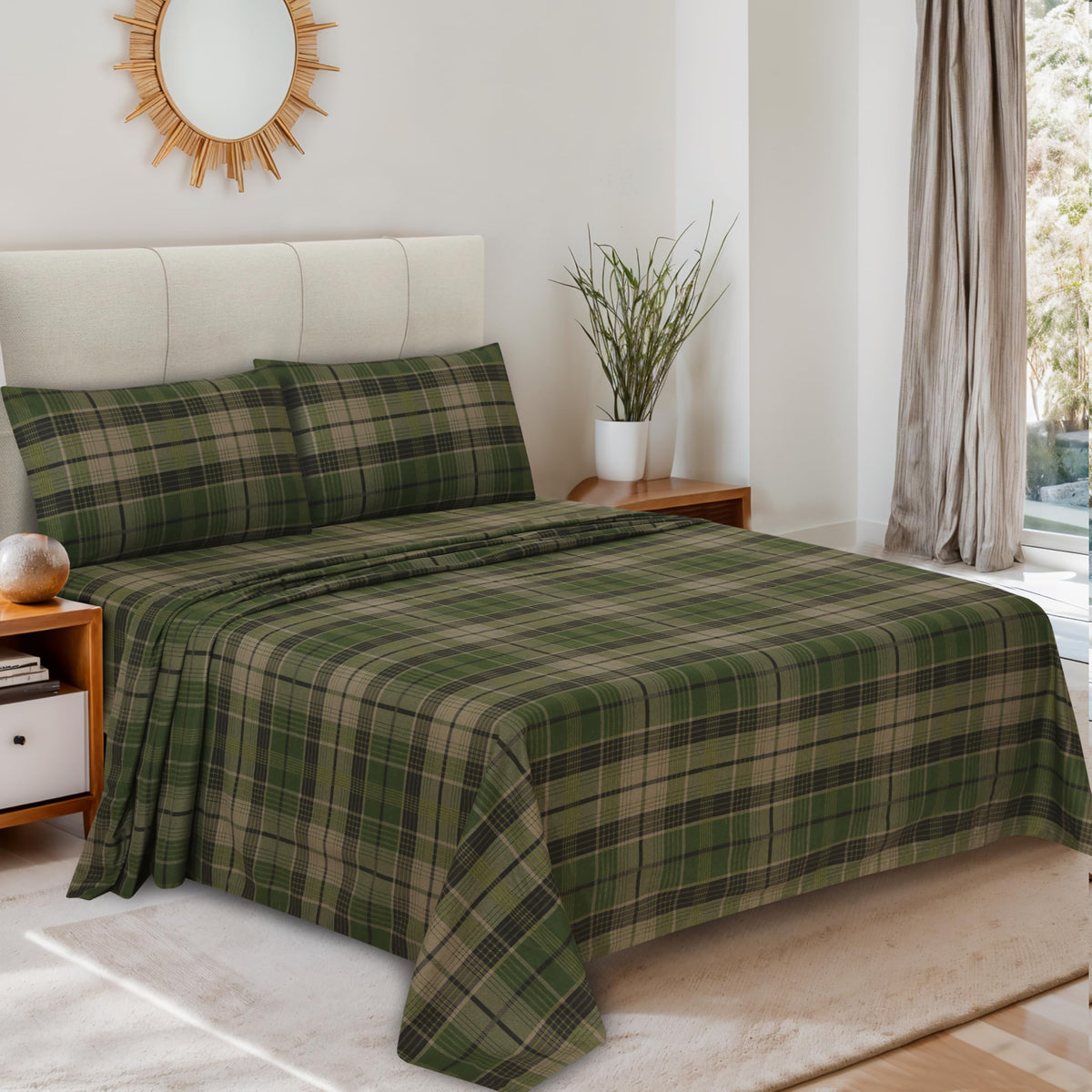 RUVANTI Flannel Sheets Queen Size - 100% Cotton Double Brushed Bed Sheets, Deep Pockets 16 Inches Queen Sheet Set, All Seasons Breathable & Extra Soft - Warm & Cozy, 4 Piece, DNA Plaid