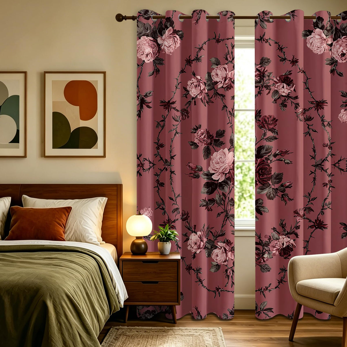 Solvivae Floral Gothic Blackout Curtains for Bedroom Living Room, Vintage Shabby Chic Patterned Window Treatments, Room Darkening Thermal Insulated Grommet Drapes, 45 Inch Curtains 2 Panel Set