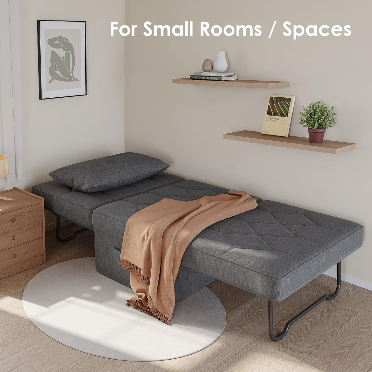 DSNAPE Ottoman Bed with 5-Level Adjustable Backrest, 70" D x 34" W 4-in-1 Convertible Sleeper Chair Bed, Folding Sofa Bed for Living Room, Apartment, Dorm & Small Space, Dark Grey