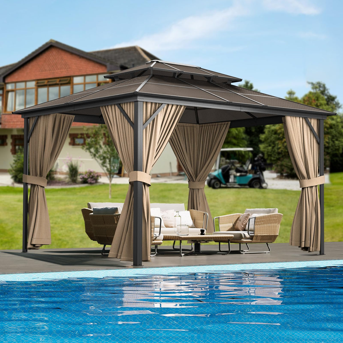 PeakPursuit Hardtop Gazebo 12'x 10' Aluminum + Iron Roof,Double-Roof Backyard Tent Garden Porch Gazebo with Mesh and Curtains Permanent Outdoor Metal Gazebo, Waterproof, Snowproof and Sunproof, Khaki
