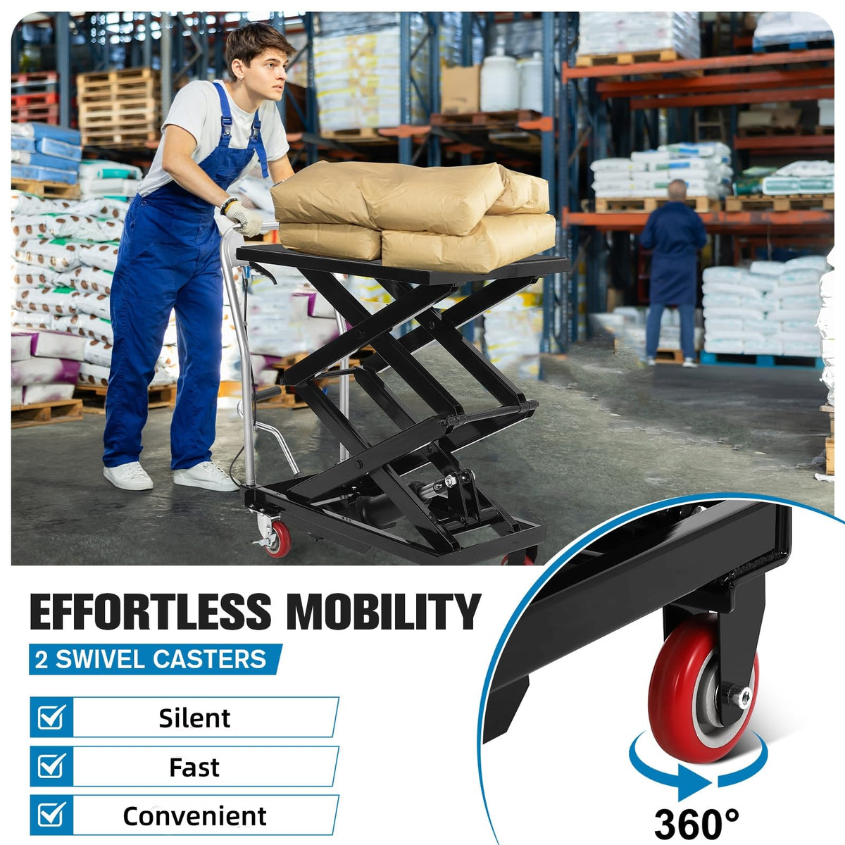 Hydraulic Lift Table Cart, 770lbs Capacity 50" Lifting Height Hydraulic Table Cart, Double Scissor Lift with Non-Slip Pad for Material Handling and Transportation, Black
