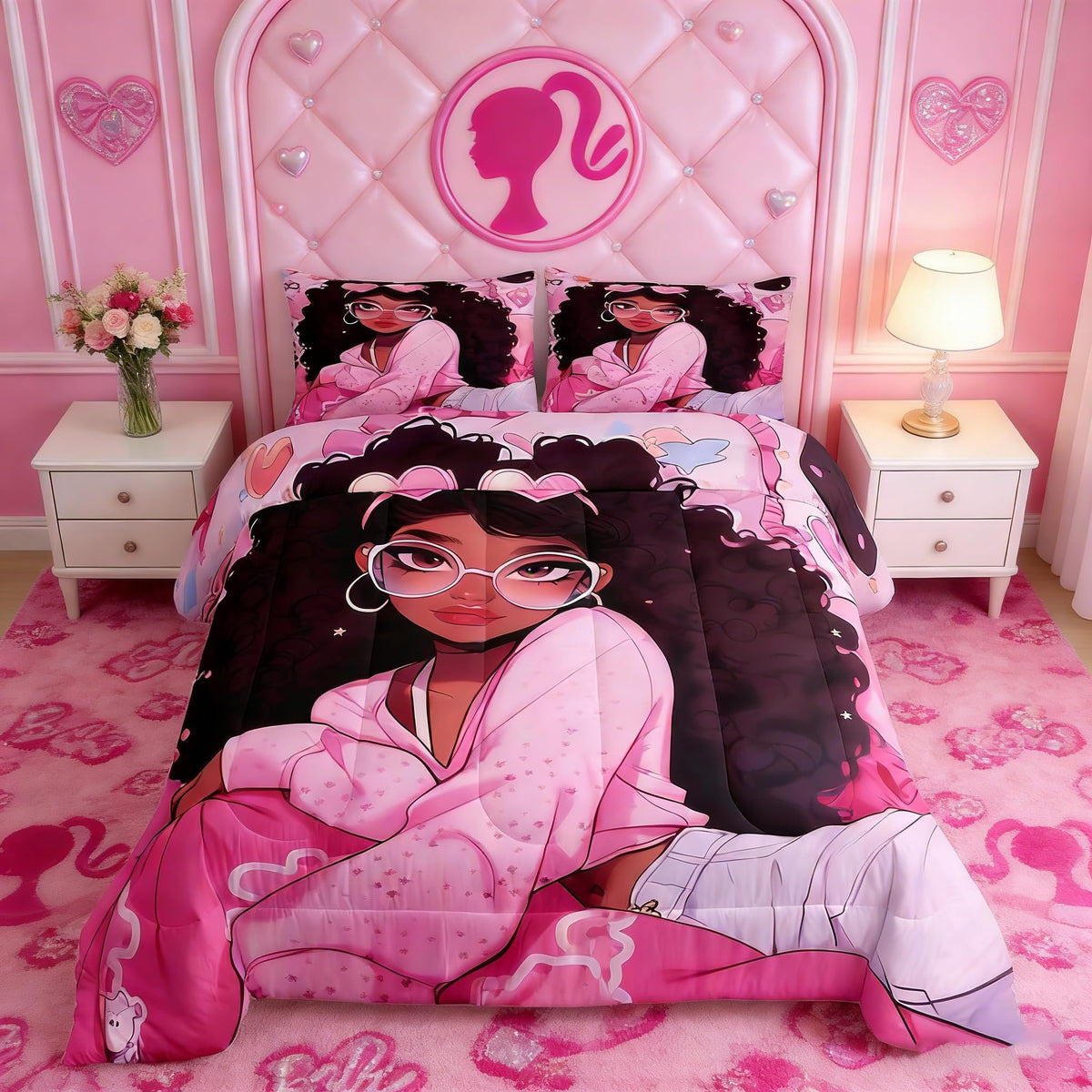 Black Princess Girly Kids Comforter Set Full Size,Cartoon Love Heart Print Bedding Set,Girls Women Room Decor,African American Little Girls Down Comforter,Pink Dreamy Duvet Insert,2 Pillowcases