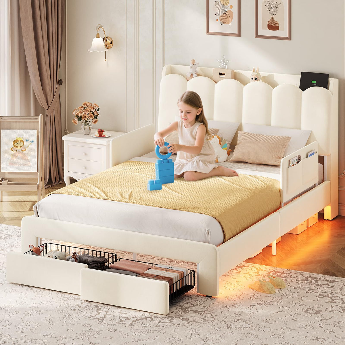 DICTAC Full Size LED Bed Frame with Storage Drawer and Safety Guardrails, Velvet Upholstered Platform Bed for Kids with Chic Wavy Storage Headboard, Charging Station, Heavy Duty Metal Support, Beige