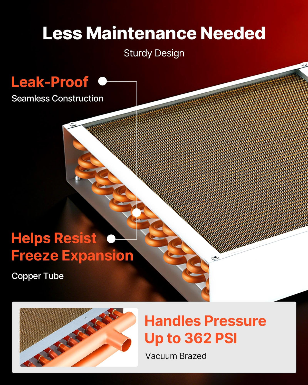 VEVOR Water to Air Heat Exchanger, 14 x 14 in Finned Tube HVAC Heat Exchanger Coil with Copper Tubes & Aluminum Fins, 65K BTU Output for Outdoor Wood Furnace, Hydronic Heating & Cooling Systems