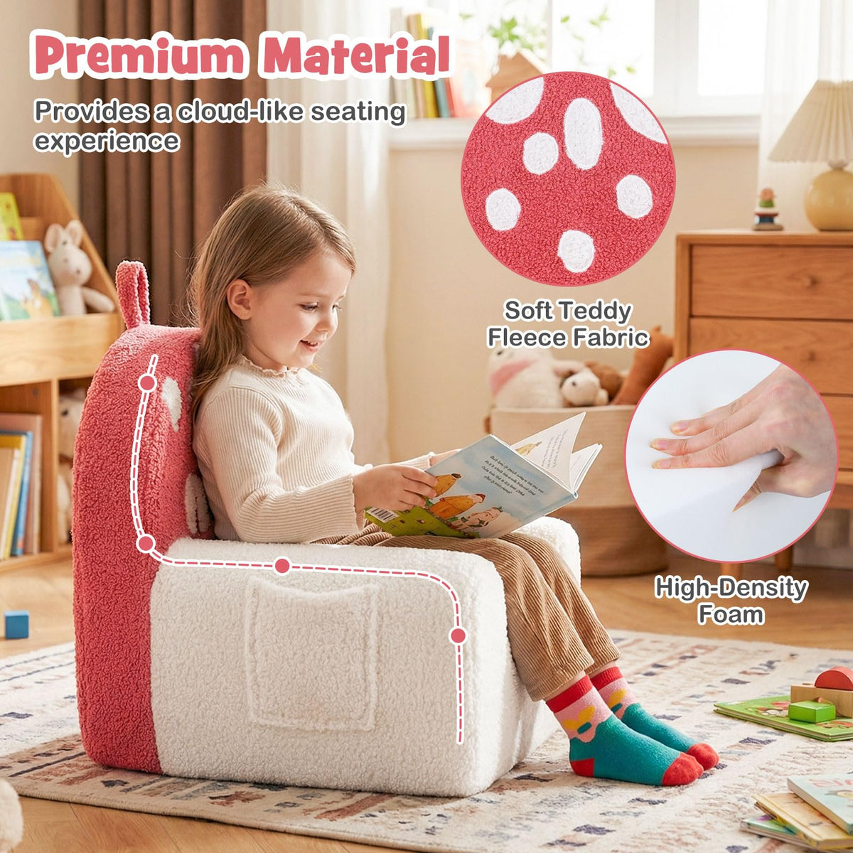 Costzon Kids Couch, Comfy Toddler Soft Sofa Chair with Fleece Fabric Cover, Kids Furniture for Playroom, Children Reading Armchair for Boys & Girls Gifts Aged 3+ (Medial,Red Mushroom)