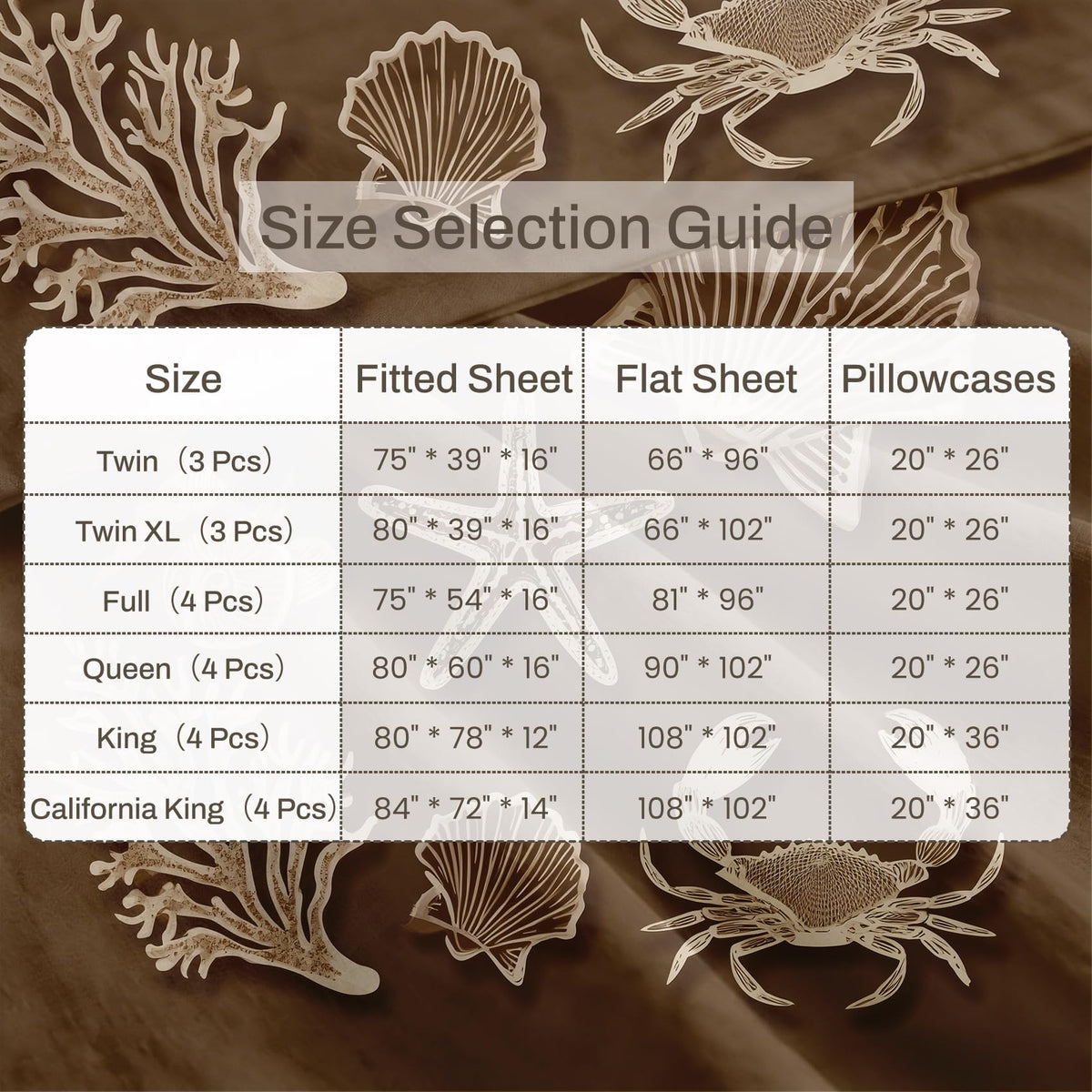 Seashell Full Sheet Set 4 Pcs Brown Coastal Bed Sheets
